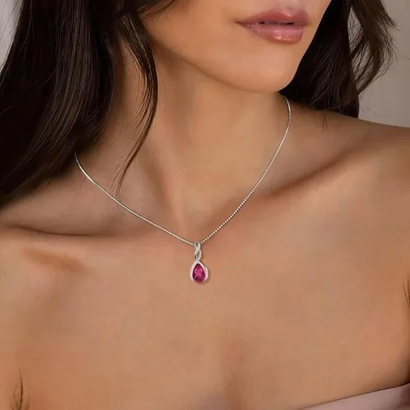 925 Sterling Silver Ruby Birthstone Necklace for Women, Infinity Teardrop Pendan